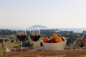 a glass of wine next to a bowl of fruit at Kelyfos Hotel in Neos Marmaras