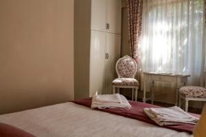a bedroom with a bed and a chair and a window at Dalyan Terrace Hotel in Dalyan