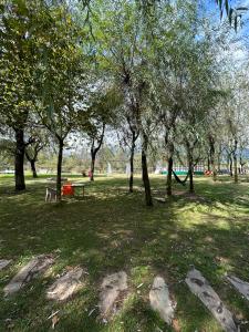 a park with a bench and trees in the grass at The Posh Camps in Pahalgām