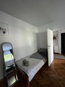 a small bedroom with a bed and a mirror at Apartman Sasha 2 in Belgrade