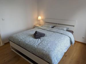 1 dormitorio con 1 cama grande con manta azul en Stylish 2BR Apartment w/ Garage+Garden in Howald/Hesperange, en Hesperange