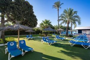 a group of blue lounge chairs and umbrellas at Hotel Playas de Guardamar in Guardamar del Segura