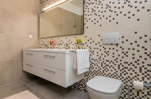 a bathroom with a toilet and a sink and a mirror at Casa Nicolae Luxury Suites in Sibiu
