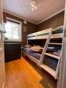Nordset的住宿－Modern cabin at Budor, close to Hamar and Løten, 1,5 hours from Oslo，一间卧室设有两张双层床和一扇窗户。