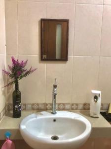 un lavandino in bagno con specchio e un vaso con fiori di Villa Sentul Onnelik Sentul City Bogor by Villaloka a Babakan Madang