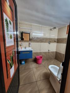 La salle de bains est pourvue de toilettes et d'un lavabo. dans l'établissement Bhuvanam homestay, à Kalpatta