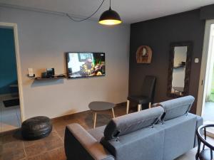 a living room with a couch and a tv on a wall at Le pigeonnier in Millau