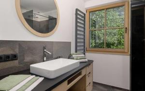 un bagno con lavandino e specchio di Tschitthof Wohnung Gill a Avelengo