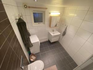een kleine badkamer met een wastafel en een toilet bij Koslig leilighet i Bergens smørøye in Bergen