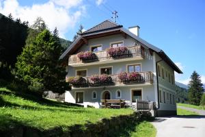 dom z kwiatami na balkonach na wzgórzu w obiekcie Ferienwohnung Aignerhof w mieście Schellgaden