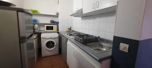 una pequeña cocina con fregadero y lavadora en Le Tournesol, en La Saline-Les-Bains