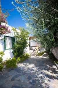 a courtyard of a house with trees and flowers at Charming House Platy Gialos in Platis Yialos Mykonos