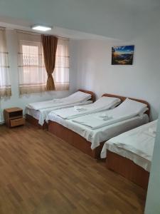 um quarto com duas camas e uma janela em Vila Prahova Busteni em Buşteni