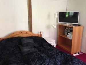 1 dormitorio con 1 cama y TV en un soporte en Murermester Madsens Villa, en Otterup