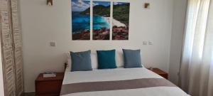 a bedroom with a bed with blue pillows at Harmony Self-Catering Apartments in Beau Vallon