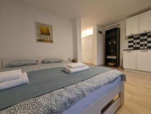 duża sypialnia z 2 łóżkami i kuchnią w obiekcie Yellow Pup in Maksimir w Zagrzebiu