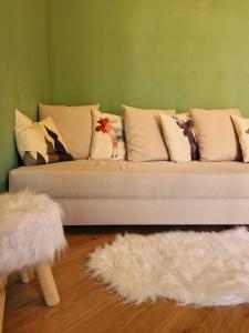 un divano in soggiorno con cuscini di WH-Bilocale Green Roburent a San Giacomo