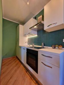 una cucina con armadi bianchi e lavandino di WH-Bilocale Green Roburent a San Giacomo