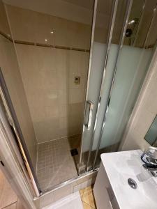 a shower stall in a bathroom with a sink at charmant 2 pièces sur deux niveaux in Paris