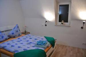 a bedroom with a bed with blue sheets and a window at Pension Elli Krössner in Hartmannsdorf