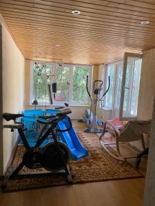 una habitación con gimnasio con cinta de correr y bicicleta estática en Homes en Tsqnetʼi