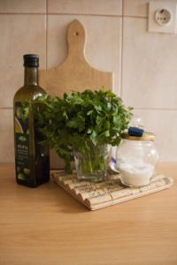 a bottle of wine and a plant on a counter at House Baglija in Lumbarda