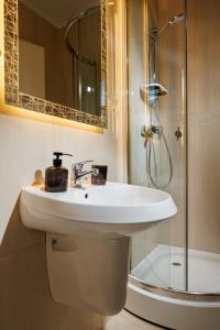 a bathroom with a sink and a shower at Pensiunea Samaha in Moieciu de Sus