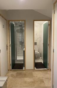 uma casa de banho com um chuveiro e um WC. em Bohobos Hostel em Antibes