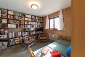 a room with a library with book shelves filled with books at Etienne in Wildhaus