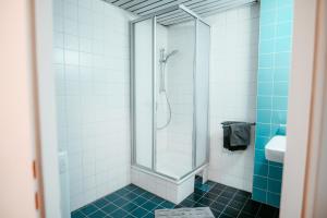 een badkamer met een douche en een wastafel bij Vienna Shopping Center 14 Apartment in Wenen