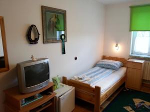 a small bedroom with a bed and a tv at Noclegi Przy Stadninie in Janów Podlaski