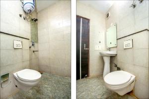 two pictures of a bathroom with a toilet and a sink at Hotel Wisteria Zirakpur - Main Highway Hotel in Zirakpur