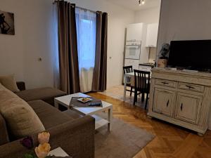 ein Wohnzimmer mit einem Sofa und einem Flachbild-TV in der Unterkunft Apartman Zuki in Zagreb