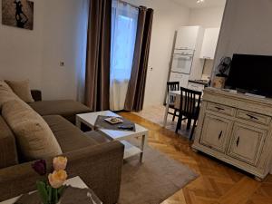 ein Wohnzimmer mit einem Sofa und einem TV in der Unterkunft Apartman Zuki in Zagreb