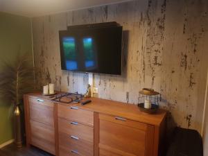 uma televisão numa parede com uma cómoda de madeira em H15, Sauna- en Wellnesschalet geschikt voor 2 personen em Epe