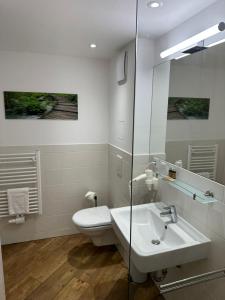 a white bathroom with a toilet and a sink at Versava Apartments in Vienna