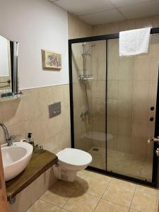 een badkamer met een douche, een toilet en een wastafel bij Göcekinn in Göcek