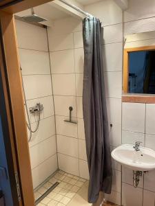 y baño con ducha y lavamanos. en Schöner Anbau mitten in Hennef, 