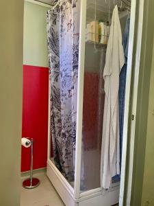 een badkamer met een douchegordijn in de kamer bij Holiday home Småland Siggamåla in Husjönäs