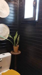 ein Badezimmer mit einem WC und einer Topfpflanze in der Unterkunft La petite case jaune , jaccuzi pierre à 3 min à pied du bassin Manapany, vue mer in Saint-Joseph