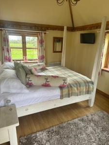 a bedroom with a bed and a tv and windows at Pond Cottage in Egerton