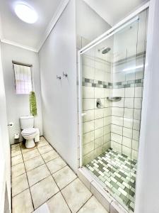 La salle de bains est pourvue d'une douche et de toilettes. dans l'établissement St Lucia Holiday Cottage, à St Lucia
