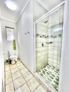 a bathroom with a shower and a toilet at St Lucia Holiday Cottage in St Lucia +32 photos