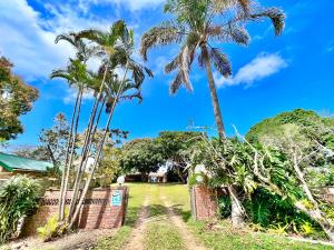 a house with palm trees and a dirt road at St Lucia Holiday Cottage in St Lucia