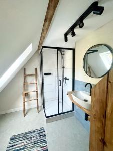 a bathroom with a glass shower and a sink at Tolles Ferienhaus Frohnatur in ruhiger Lage in Plauen