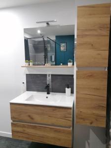 a bathroom with a sink and a mirror at Charmant appartement de village in Pennautier +5 photos