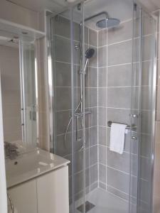 y baño con ducha y lavamanos. en Hotel Restaurant Miramar L'orchidée, en La Ciotat