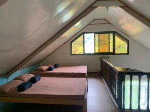 2 letti in una camera mansardata con 2 finestre di Banaue Transient House Bed and Breakfast a Banaue