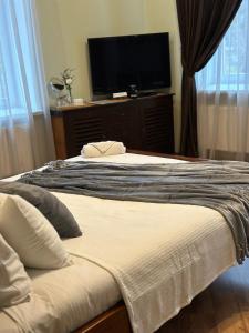 a bedroom with a bed and a flat screen tv at Apartamenti DVINSKA in Daugavpils