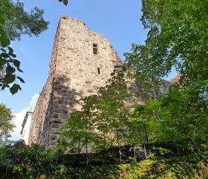 un edificio alto de ladrillo con árboles en primer plano en Landgasthof im Schwarzwald ideal für Wanderer & Biker, en Pforzheim